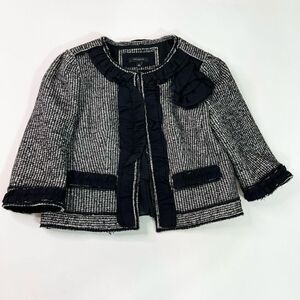 Ann Taylor Jacket Blazer Womens 12 Tweed Ruffle Floral Wool Black Gray